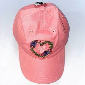 “Shut Up” Pink Canvas Adjustable Hat. Cute Embroidered Floral Heart Baseball Cap